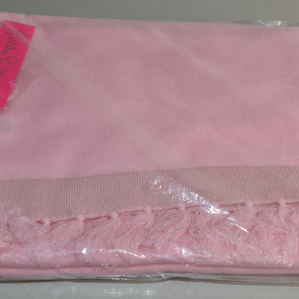Lilly Pulitzer Take Me Away Cashmere Wrap Tassels Lurex Pink Gold Women's Scarf - Picture 4 of 11